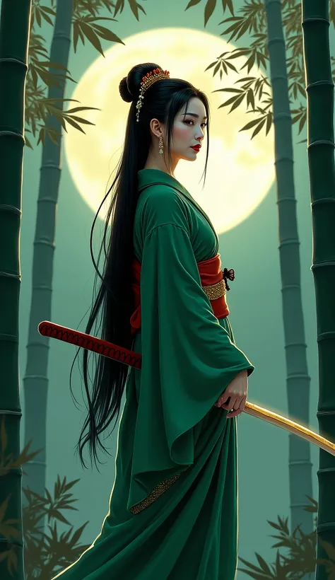 Green kimono geisha, wielding katana, long black hair, full moon, bambop forest