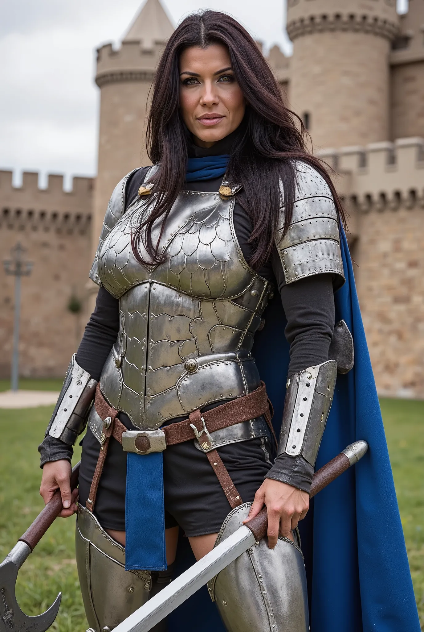 A Medieval Warrior Female, Beatiful and Sexy middle-aged Woman, With a half face medieval mask, Mix Roman Centurion with Medieval Knight, Full set of Plate Sexy Armor of Steel and Blue cape, Extremely muscled and toned sexy body, lean muscles, long flowing...