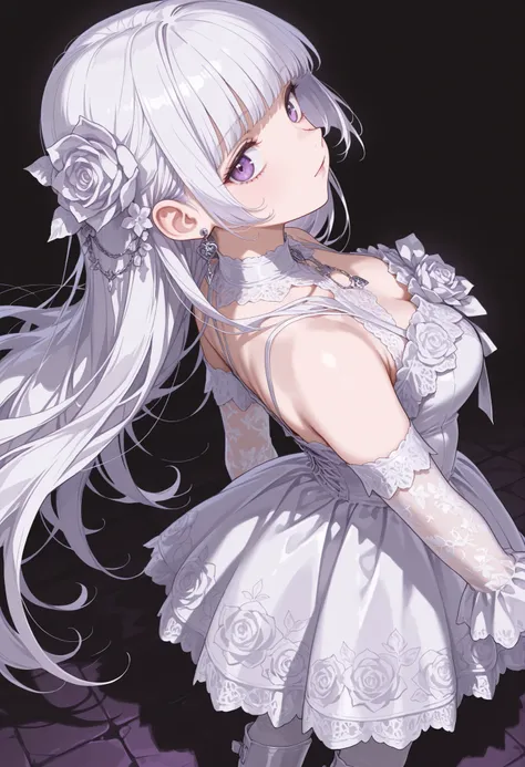 1 girl, , standing, segmented blade, Fair skin, Cropped White Lace Gothic Top, earrings, Beautifully detailed purple eye, Long Thick White Hair, princess cut,Looking back at the viewer, Thighs, Leather Mesh Gothic White Rose Print Skirt, Long Glamorous B...