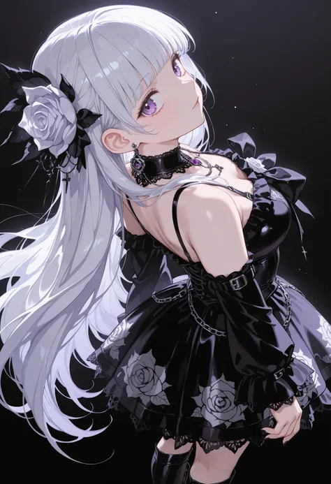 1 girl, , standing, segmented blade, Fair skin, Cropped White Lace Gothic Top, earrings, Beautifully detailed purple eye, Long Thick White Hair, princess cut,Looking back at the viewer, Thighs, Leather Mesh Gothic White Rose Print Skirt, Long Glamorous B...