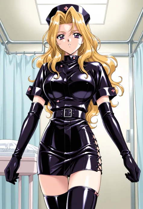 Score_9, score_8_up, score_7_up, source_anime, ShindouReiko, solo, blonde hair, long hair, wavy hair, purple eyes, large breasts, 1990s (style), kadoi aya style, enamel leather dark nurse, latex dress, black latex elbow gloves, black latex legwear, latex, ...