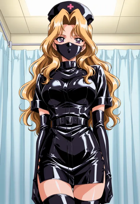 Score_9, score_8_up, score_7_up, source_anime, Shindou_Reiko(Anime_Ver), 1girl, solo, long hair, blonde hair, purple eyes, wavy hair, large breasts, 1990s \(style\), retro artstyle, anime coloring, enamel leather dark nurse, latex dress, black latex elbow ...