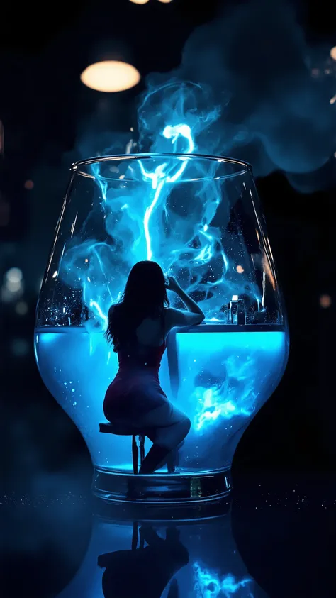 complex double exposure of high quality, Portrait blending double exposure technique with a Close-up silhouette of a High glass with a neon blue drink. Inside the glass, we see an incredibly beautiful woman in a burgundy mini dress sitting at the bar count...