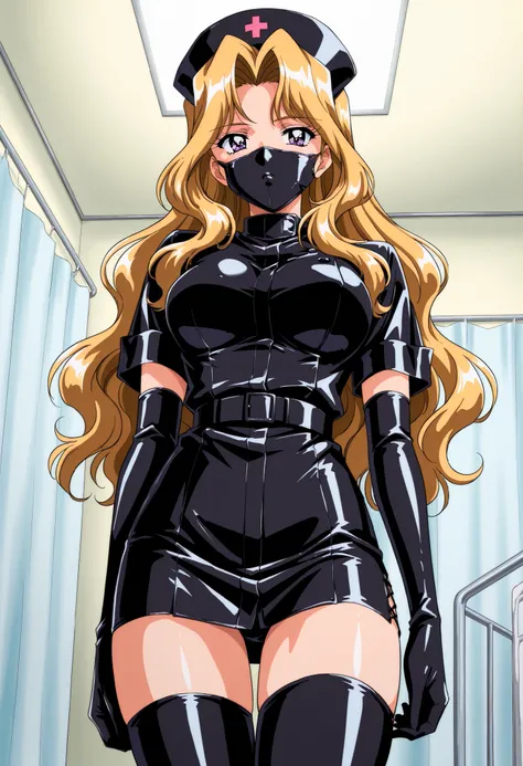 Score_9, score_8_up, score_7_up, source_anime, Shindou_Reiko(Anime_Ver), 1girl, solo, long hair, blonde hair, purple eyes, wavy hair, large breasts, 1990s \(style\), retro artstyle, anime coloring, enamel leather dark nurse, latex dress, black latex elbow ...