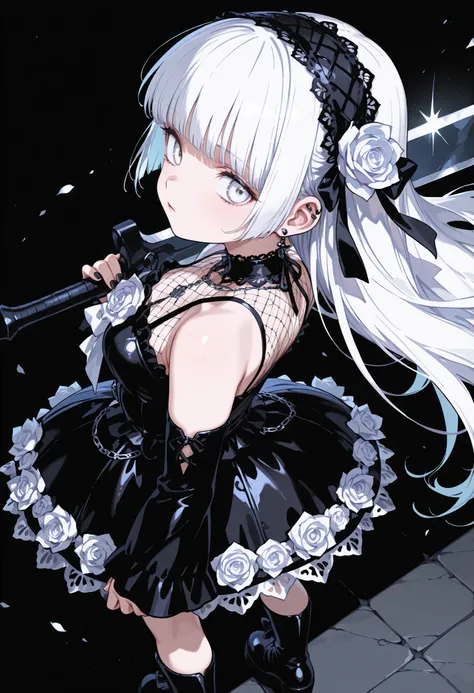 1 girl, , standing, segmented blade, Fair skin, Cropped White Lace Gothic Top, piercing, Beautifully Detailed White Eyes, Long Thick White Hair, princess cut,Looking back at the viewer, Thighs, Leather Mesh Gothic White Rose Print Skirt, Long Glamorous B...