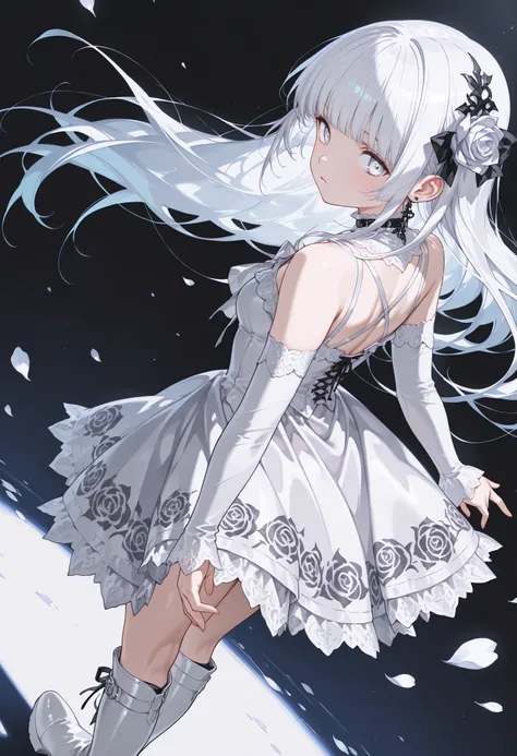 1 girl, , standing, segmented blade, Fair skin, Cropped White Lace Gothic Top, piercing, Beautifully Detailed White Eyes, Long Thick White Hair, princess cut,Looking back at the viewer, Thighs, Leather Mesh Gothic White Rose Print Skirt, Long Glamorous B...
