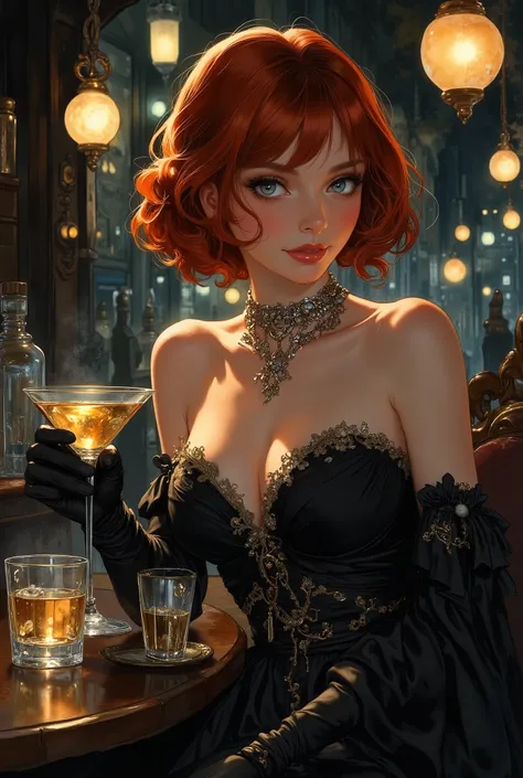 (Semi-realystic anime), (masterpiece), sitting at the bar, in a criminal setting, mysterious smile, short red hair, straight hair, martinis, perfect belly, depth of field, background blur, cinematic lighting, detailed night background, (beautiful and gent...