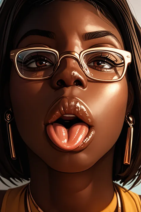 score_9, score_8_up, score_7_up, black ebony African, full view, Open mouth, tongue out, Nerdy female BBW with glasses, ebony female, bface, dark skinned female, ebony female, face focus, score_9, score_8_up, score_7_up, cartoon_source