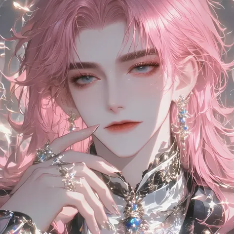 man, pink hair, medieval European noble prince, Baroque style, medieval pink and white court dress, (((long hair))), blue eyes, indifferent, long eyelashes, clear, pagan mythology, rich layers, half-body, (((pink hair))), semi-thick coating