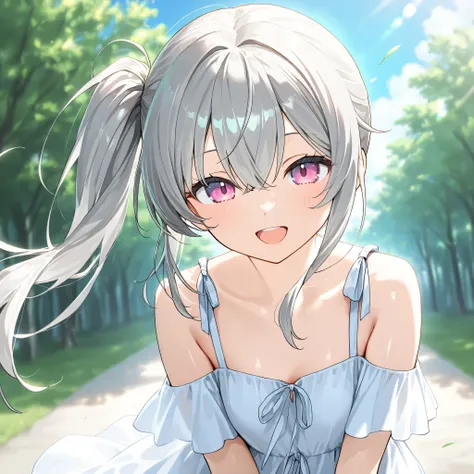 1 Girl, gray hair,Pink blue eyes ,Big , open mouth , outdoor,wind, Game CG,,( masterpiece), (Best Quality), (ultra-fine), very aesthetic, illustration,super fine skin, shiny skin, ( masterpiece), (Best Quality), (ultra-fine), very aesthetic, milk,, REAL ...