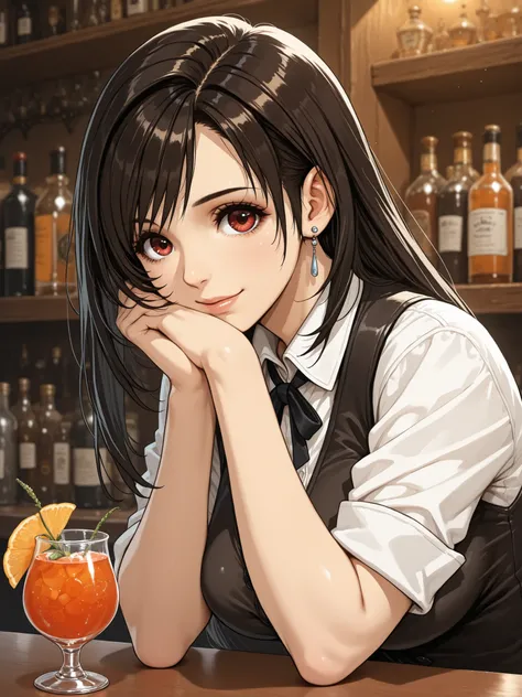 ((Best Quality)),( super high definition),(Super detailed),( detailed description ),((The best CG)),(masterpiece), (1girl,Tifa,detail eyes ,iris),hideout, bar,vintage,bartender,make a cocktail),semi realistic