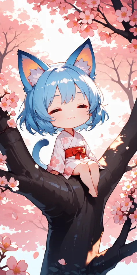 masterpiece, ultra detailed, best quality, chibi animal girl, blue cat ears, solo character, one girl only, no other characters, large eyes, large head, =w= face, closed eyes, blue cat tail, cherry blossoms, hanami, soft lighting, close-up portrait, sittin...