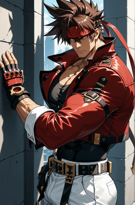 masterpiece, best quality, absurdres, newest, very aesthetic, amazing quality,highres, 1boy, male, Sol Badguy, brown hair, gold eyes, black vest, red jacket, belt, headband,ultra-detailed, intricate details 