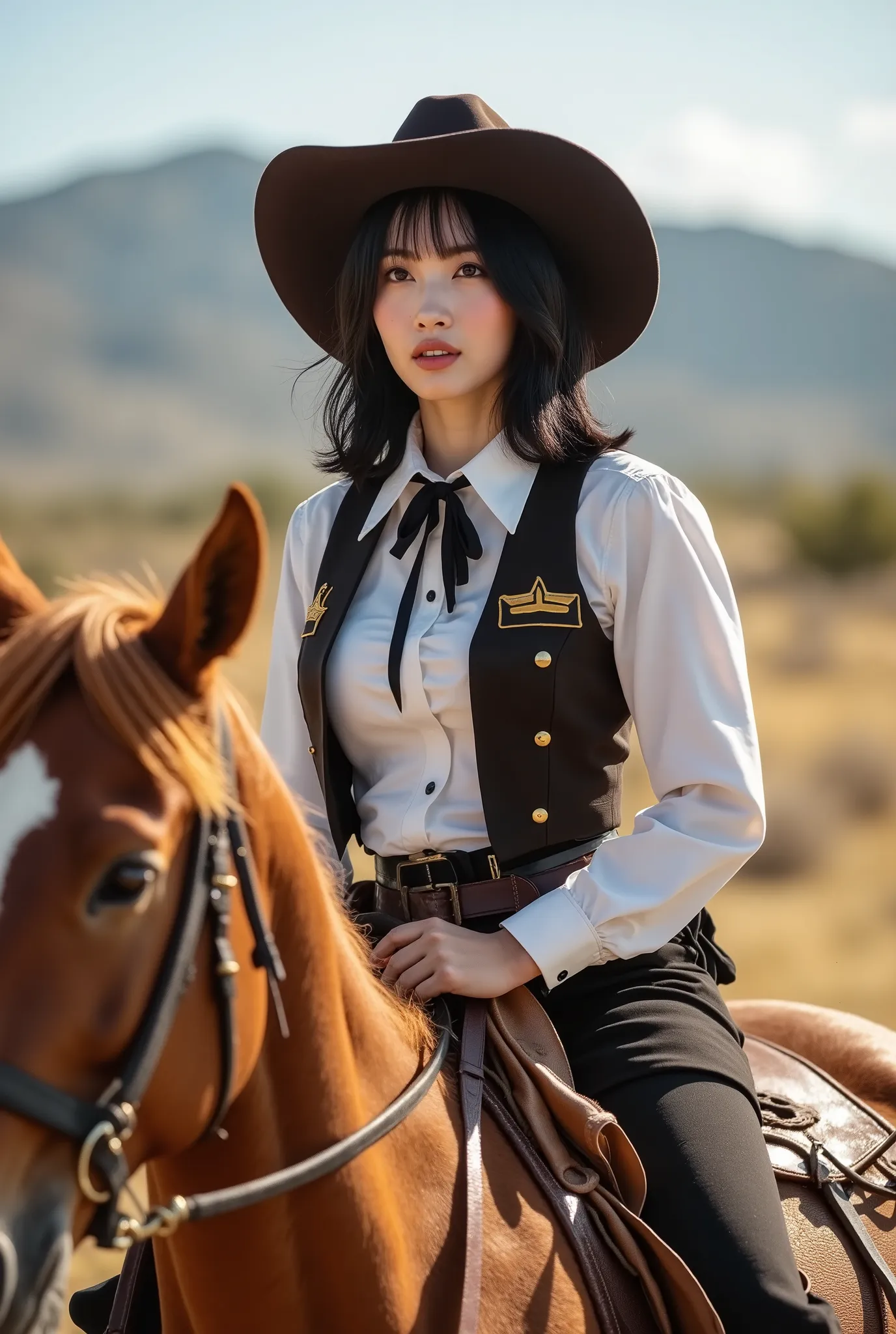 Create a portrait of a very beautiful Japanese singer with a slim physique, medium bust, and slender legs. She has medium-length hair and is dressed in a Western sheriff outfit. The setting is a Western film set, and she is enjoying horseback riding.