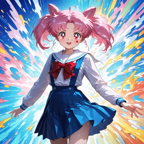 masterpiece, amazing quality, best quality, ultra-detailed, 8K, illustration, clear skin, ultra-detailed-eyes, soft skin, very awa, very as2, soft body, 90's style, official art, aacusa, short hair, pink hair, cone hair bun, twintails, red eyes, serafuku, ...
