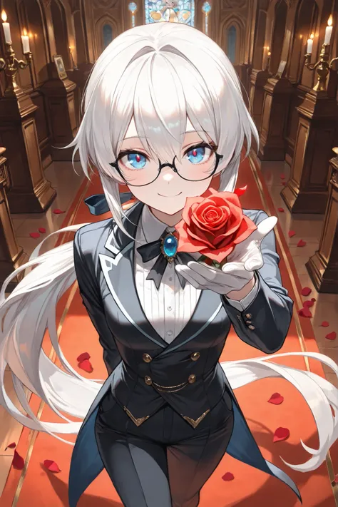 ((Masterpiece)),((best quality)),((incredibly absurdres)),((8K)),
1 girl,solo,younger,kawaii,white hair,long hair,low ponytail,blue eyes,small breasts,baby face,big eyes,slender fingers,BREAK,
butler uniform,Tailcoat,((black eyewear)),(square grasses),whit...