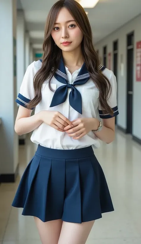 1 girl, slender, Big breasts, best quality, 8k, photo-realistic, intricate details, school uniform, full body,