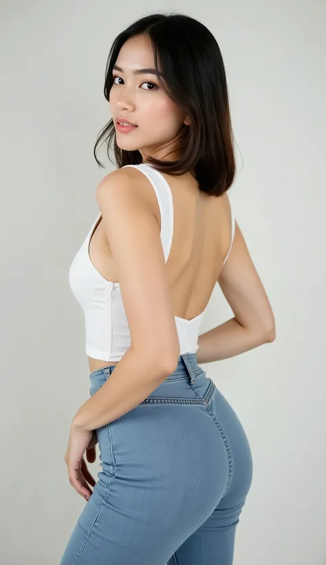 A photo-realistic 8K shot. 1 beautiful asian young girl. light sheer bra. deep v cut tight jersey top with off shoulder reveal light sheer bra. . stretch light color tight leotard long tight nude blue denim pants. backless. nude topless. full body view. sh...