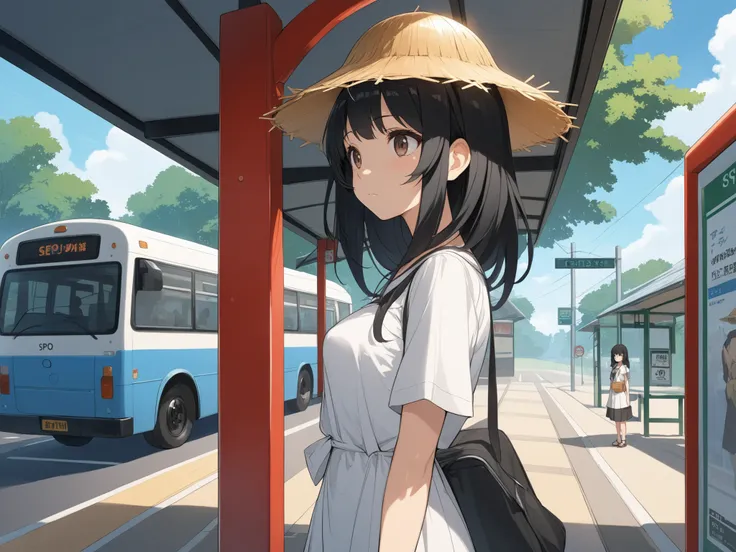 Beautiful black haired anime girl standing at bus stop using straw head, Sepoi angin