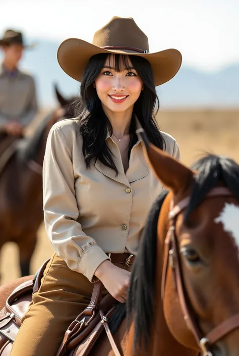 Create a portrait of a very beautiful Japanese singer with a slim physique, medium bust, and slender legs. She has medium-length hair and is dressed in a Western sheriff outfit. The setting is a Western film set, and she is enjoying horseback riding.