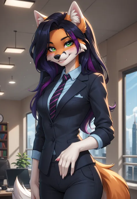 (4K HD Quality), score_9_up, score_8_up, score_6_up, anthro, solo, 1girl, anthropomorphic, female, furry, fox, orange fur, (white ear top:1.1), green eyes, white face, black nose, medium breasts, fox tail, (white claw:1.1), pink pad paws, 

(long hair, mul...