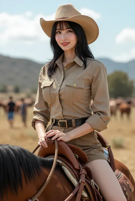 Create a portrait of a very beautiful Japanese singer with a slim physique, medium bust, and slender legs. She has medium-length hair and is dressed in a Western sheriff outfit. The setting is a Western film set, and she is enjoying horseback riding.