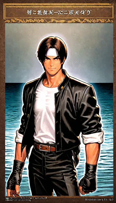 Orochikyo, dark skin with black bottoms, 1 person,  red eyes, black jacket(roll up her sleeves), fingerless gloves, black hair, white t-shirt, ((white headband)), black pants, For viewers wearing white shoes , brown belt, handsome, shot, attractiveness, ma...