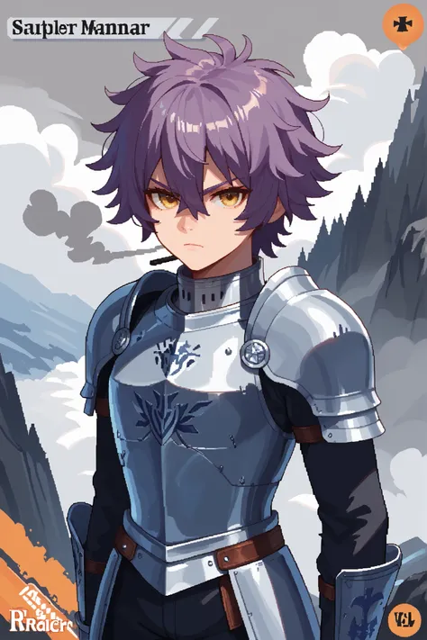 score_9, score_8_up, score_7_up, source_anime, solo, pixel art, tr4dingcard, card (medium), english_text, N, trading_card, white_trade_card_frames, , 1boy, solo BREAK
Purple hair BREAK short hair, messy hair, wolf cut, hair between eyes, yellow eyes BREA...