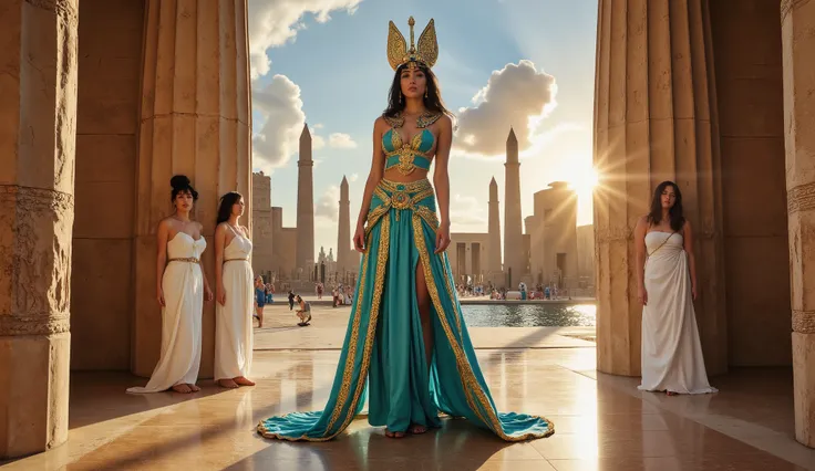 Cleopatra, the ancient Pharaonic queen, standing majestically on a polished marble dais within the Temple of Luxor, cloaked in a vibrant Brazilian vestido de baiana of turquoise and gold, adorned with swirling carnival-inspired patterns and voluminous lace...