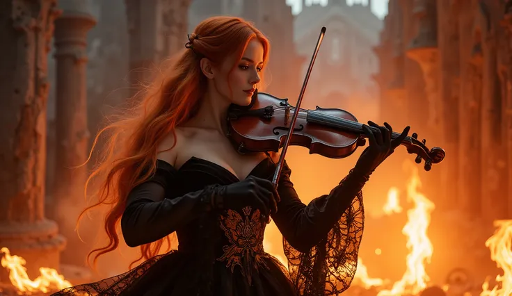 A stunning woman with European beauty, uma ruiva,  long red hair , red loose hair, playing a Yamaha YEV104PRO. The violin must maintain its elegant and distinct design, modern wood frame with elegant curves, electric violin but highlighted with shiny neon ...