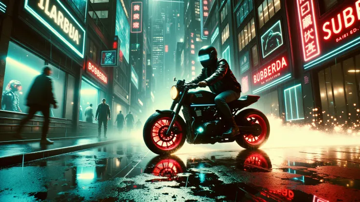 A lone biker in a neon-lit street escaping through the rain at night — futuristic motorcycle with glowing wheels and retro-futuristic design, sparks flying behind, rain hitting the asphalt, city lights blurred in the background, driver in a helmet with glo...