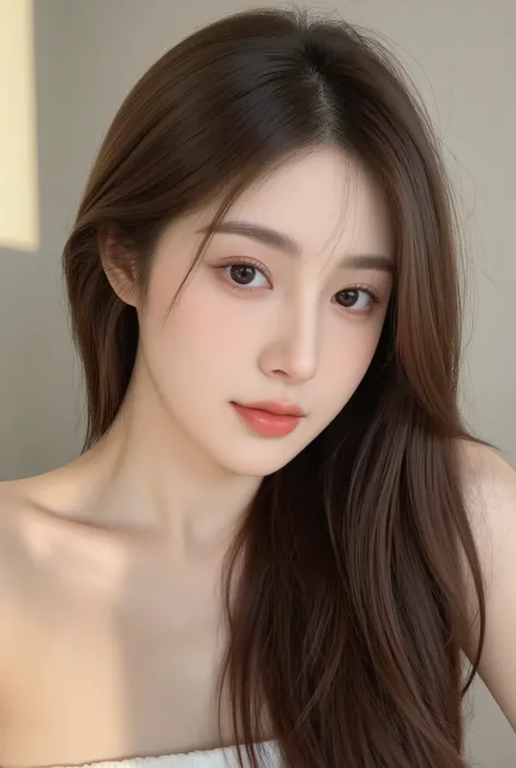 /imagine prompt: A high-resolution photographic portrait of a Chinese ulzzang fashion model, light brown long straight hair, smooth fair skin, large almond-shaped eyes with soft eyeliner, subtle makeup, full natural lips slightly parted, V-shaped jawline, ...