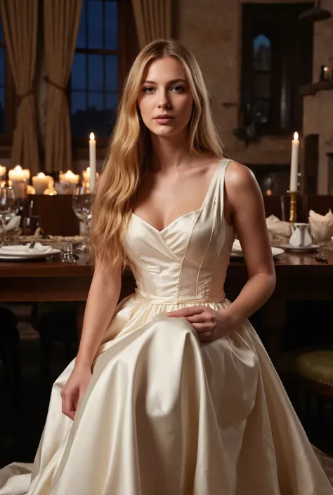 Create a realistic photograph of a beautiful 20-year-old girl with fair skin and long straight blonde hair. She is wearing a flowing white silk dress and sitting in a full-body shot. The setting is the interior of a Scottish castle, featuring a dining tabl...