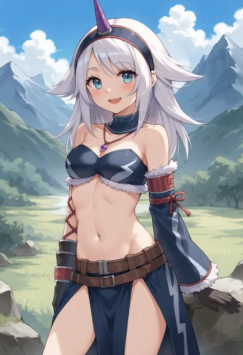 ( score_9:0.9), score_8_up, score_7_up,rating_explicit, anime style,(zPDXL), r armor, purple single horn headband, young_girl, Alone, long_gloves, black_knee_high , white_long_hair, shaggy_bang,Blue Eyes, under the arm, arms, medium_breasts , black_tub...