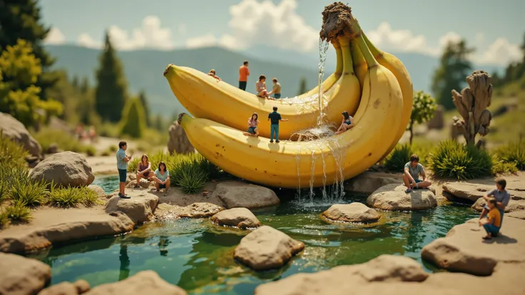 ray tracing, UHD, HDR, 16K, DSLR, photorealistic, masterpiece, award-winning , surreal digital artwork featuring a bunch of bananas, with the top half positioned above the bottom, creating a miniature landscape. Inside the bottom half, a small pond is form...
