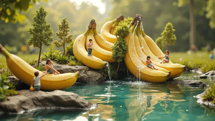 ray tracing, UHD, HDR, 16K, DSLR, photorealistic, masterpiece, award-winning , surreal digital artwork featuring a bunch of bananas, with the top half positioned above the bottom, creating a miniature landscape. Inside the bottom half, a small pond is form...