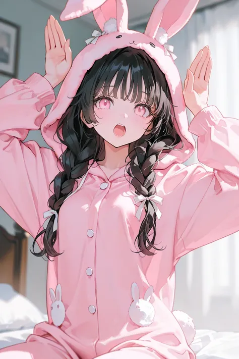 upper body, bedroom, bed, Sitting on the bed, 1 girl, cute girl, cute a round face, black hair, long hair, fine rice braid, white one hair ribbon, wavy hair, bangs, light pink eyes, round puppy eyes, large eyes, small breast, bunny hooded furry pajamas, RAWR! pose, whimsical and fun atmosphere, arms raised shouting, intricate details, finger detail, high resolution illustration, very aesthetic best quality、Good quality、 average quality 、 super detailed、 very beautiful、 absurd、 blurry background、 depth of field、 natural light、 soft lighting 、Good hands 、 detailed eyes on board、 detailed hair、sensitive, high resolution illustration, very aesthetic, detailed face, finely detailed beautiful eyes and detailed face, masterpiece, Top quality, High detail, 8k, Beautiful appearance, 1 solo, dynamic pose, dynamic angle