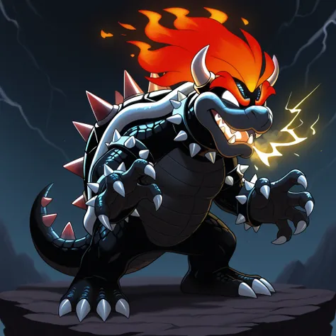 masterpiece, best quality, DisneyClassics disney FuryBowser
anthro, male scalie, black body, black scales, red hair, red eyebrows, white eyes, no pupils, spiked collar, spiked armband, spiked bracelet, spiked shell, tail, claws
fire breathing
lightning
