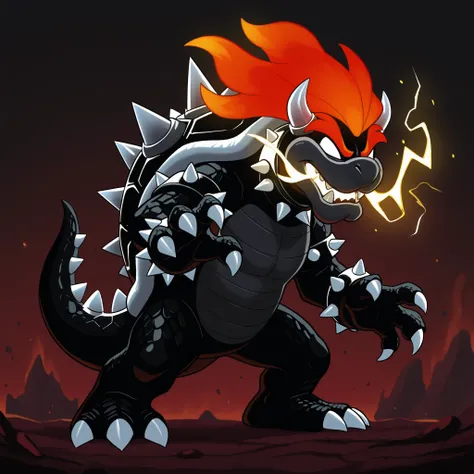 masterpiece, best quality, DisneyClassics disney FuryBowser
anthro, male scalie, black body, black scales, red hair, red eyebrows, white eyes, no pupils, spiked collar, spiked armband, spiked bracelet, spiked shell, tail, claws
fire breathing
lightning