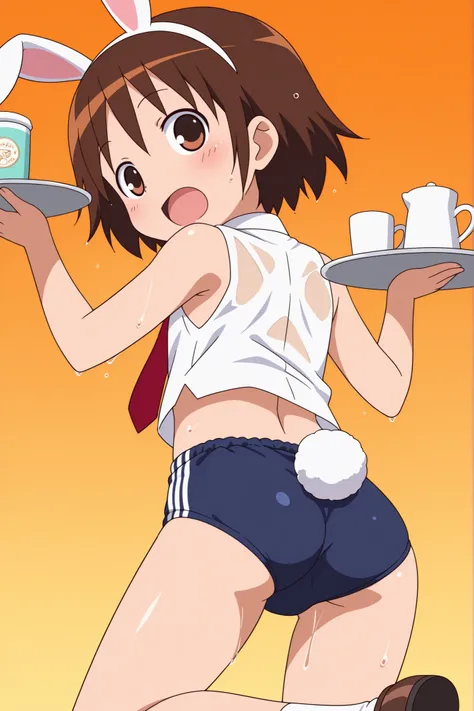 (((anime style))),score_9, score_8_up, score_7_up, source_anime,(((School Festival Cafe))),nsfw,
yasuna,1girl, ((solo)),((blue buruma)),((((white business shirt)))),((((sleeveless)))),((wet clothes)),nipple,red tie,((white sox)),brown loafers,((white Bunny...