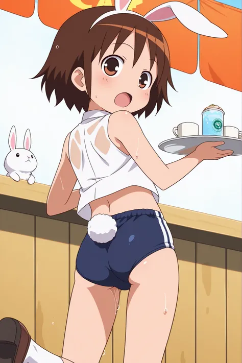 (((anime style))),score_9, score_8_up, score_7_up, source_anime,(((School Festival Cafe))),nsfw,
yasuna,1girl, ((solo)),((blue buruma)),((((white business shirt)))),((((sleeveless)))),((wet clothes)),nipple,red tie,((white sox)),brown loafers,((white Bunny...