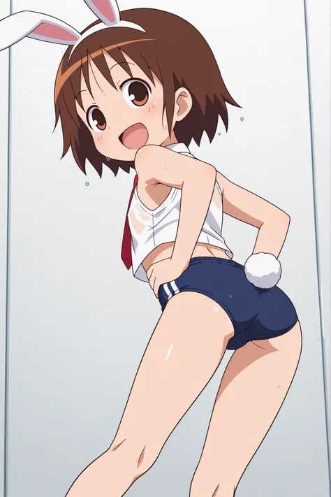 (((anime style))),score_9, score_8_up, score_7_up, source_anime,yasuna oribe,1girl, ((solo)),((((blue buruma)))),((((white business shirt)))),((sleeveless)),((wet clothes)),nipple,((red tie)),((white sox)),brown loafers,((white Bunny's ears headband)),Bunn...
