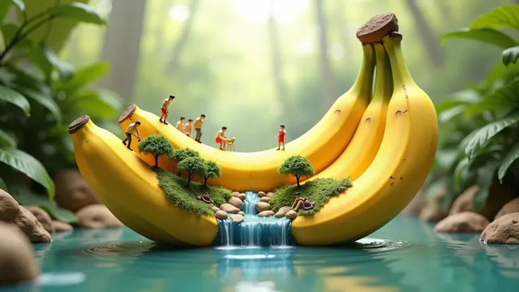 ray tracing, UHD, HDR, 16K, DSLR, photorealistic, masterpiece, award-winning , surreal digital artwork featuring a bunch of bananas, with the top half positioned above the bottom, creating a miniature landscape. Inside the bottom half, a small pond is form...