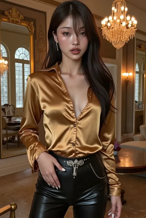 korean woman in gold shirt and black glossy latex pants posing in a room, silk, satin, black, inspiration, onyx, amber, anja millen, wearing silk, essence, victoria, elegant style, detailed realistic skin texture, realskin, silky, silky garment, lookbook, ...