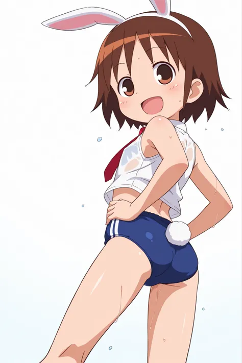(((anime style))),score_9, score_8_up, score_7_up, source_anime,yasuna oribe,1girl, ((solo)),((((light-blue buruma)))),((((white business shirt)))),((sleeveless)),((wet clothes)),nipple,((red tie)),((white sox)),brown loafers,((white Bunny's ears headband)...