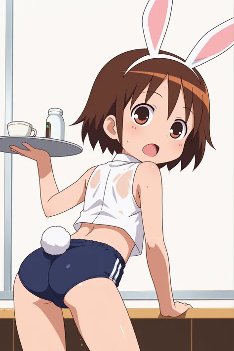 (((anime style))),score_9, score_8_up, score_7_up, source_anime,(((School Festival Cafe))),nsfw,
yasuna,1girl, ((solo)),((blue buruma)),((((white business shirt)))),((((sleeveless)))),((wet clothes)),nipple,red tie,((white sox)),brown loafers,((white Bunny...