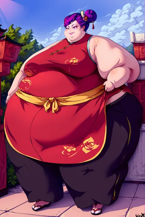 (masterpiece, best quality, high resolution, unity 8k wallpaper, extremely detailed CG:1), (illustration:1.0), 1girl,solo, Chinese clothes, sash, bare shoulders, pants, sleeveless,  full body, outdoors, smile