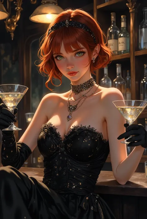 (Semi-realystic anime), (masterpiece), sitting at the bar, in a criminal setting, mysterious smile, short red hair, straight hair, martinis, perfect belly, depth of field, background blur, cinematic lighting, detailed night background, (beautiful and gent...
