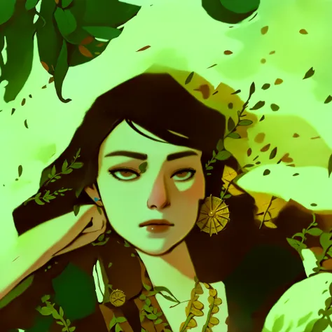 (masterwork, portrait, dkri, award-winning, masterpiece, best quality, hyper-detailed, absurdres, newest), 1girl, anime source, vines and leaves, abstract background, ethereal atmosphere, fantasy aesthetic, painterly illustration, gouache painting, soft il...