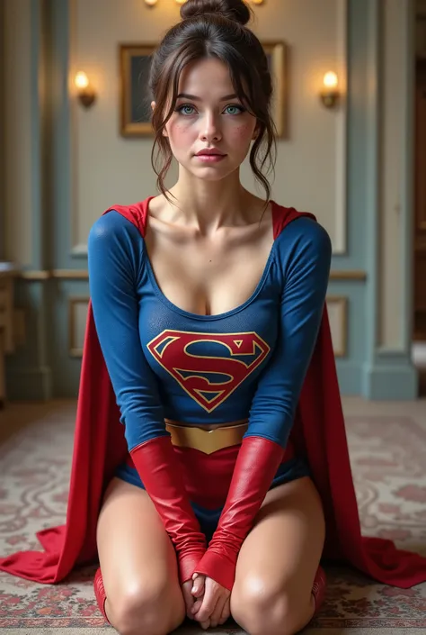 Professional 8K ultra-detailed photo-realistic image of a VERY ATTRACTIVE nerdy gal IN HER EARLY 20'S, small waist, big thick breast, brown hair in a messy bun, freckles, and parted lips. She has striking detailed blue eyes, a raised curious left eyebrow, ...
